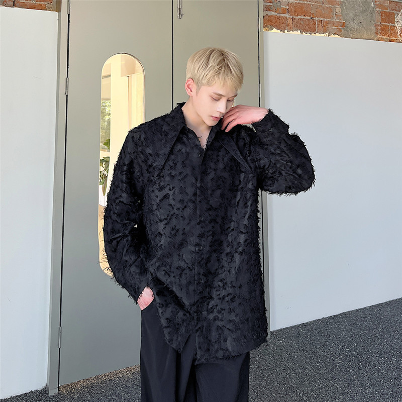 暗黑哥特风大尖领羽毛毛流苏提花衬衫男宽松廓形衬衣上衣舞台综艺