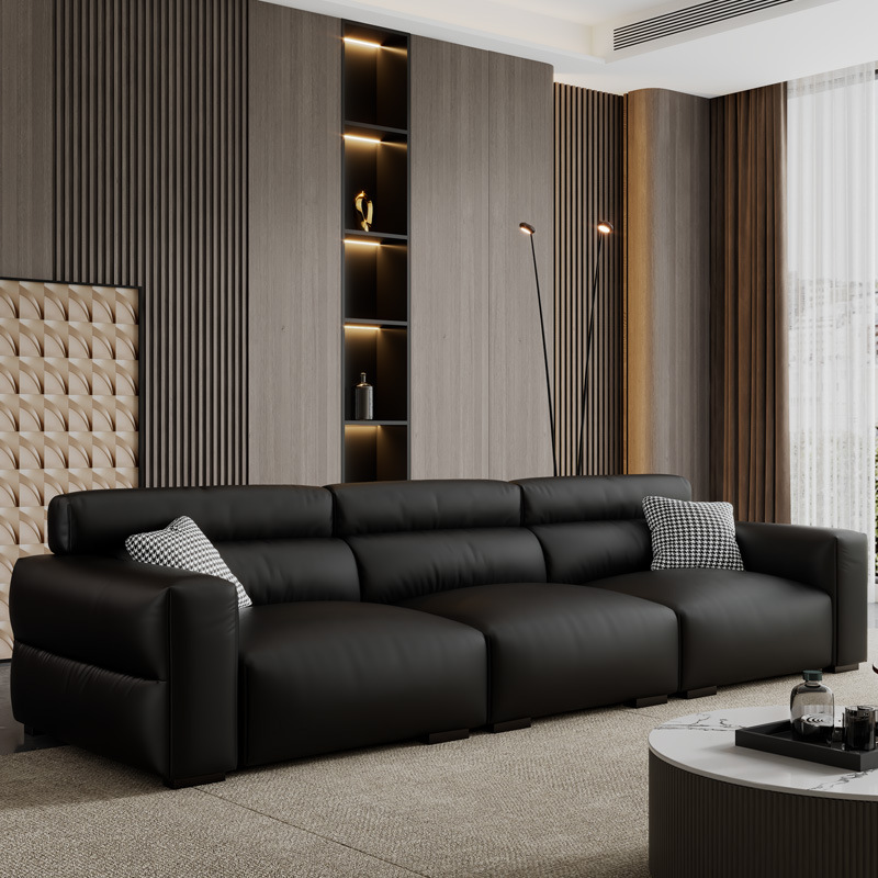 意式极简直排真皮沙发头层牛皮佛山家具四人位小黑牛超纤真皮沙发