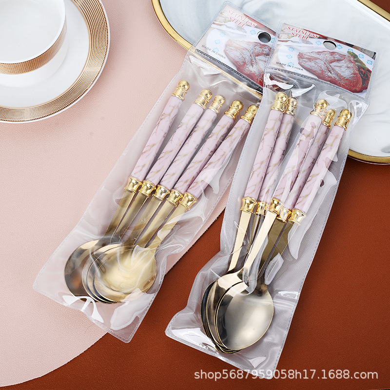 Cross-Border Marble Pattern Double Bead Plastic Handle Stainless Steel Tableware Spoon 6-Piece Set Western Food Knife