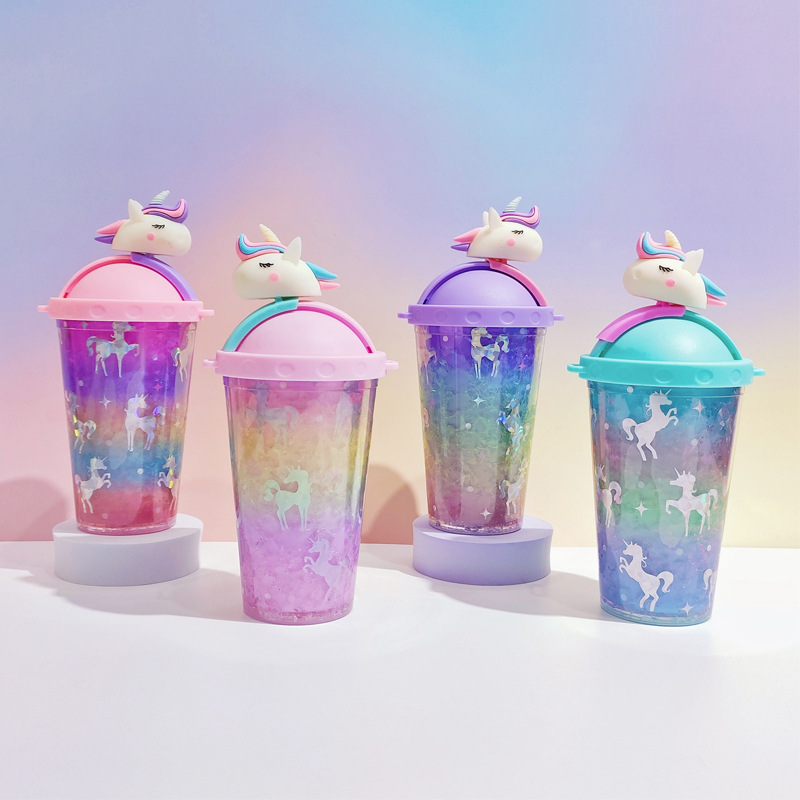 Factory Wholesale Water Cup Unicorn Ice Cup Refrigeration Ins Girl Student Double-Layer Plastic Straw Cup Handy Cup