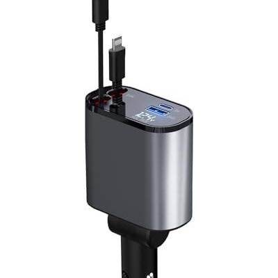 跨境新款车载充电器 闪充插头100w可伸缩1拖四手机闪电线点烟器充