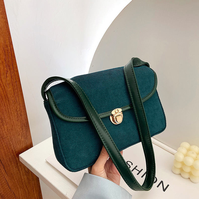 Blue Cool Bag for Women 2021 Korean Style New Retro Corduroy Shoulder Lock Underarm Bag Ins Autumn and Winter Women's Bags