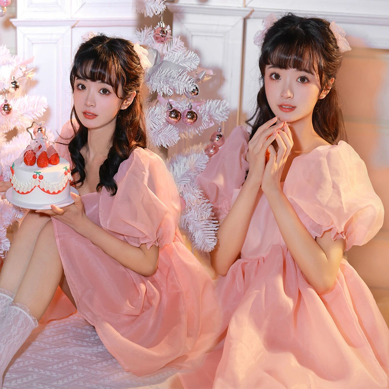 新款圣诞写真服装女日系甜美可爱风少女泡泡裙年会派对演出摄影服