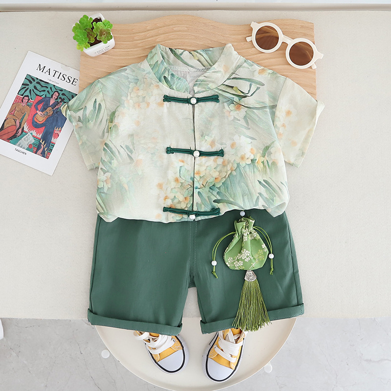 Boys Summer Suit 2024 New Fashionable Korean Style Printed Short-Sleeved Shirt Two-Piece Set Little Children Baby Clothes