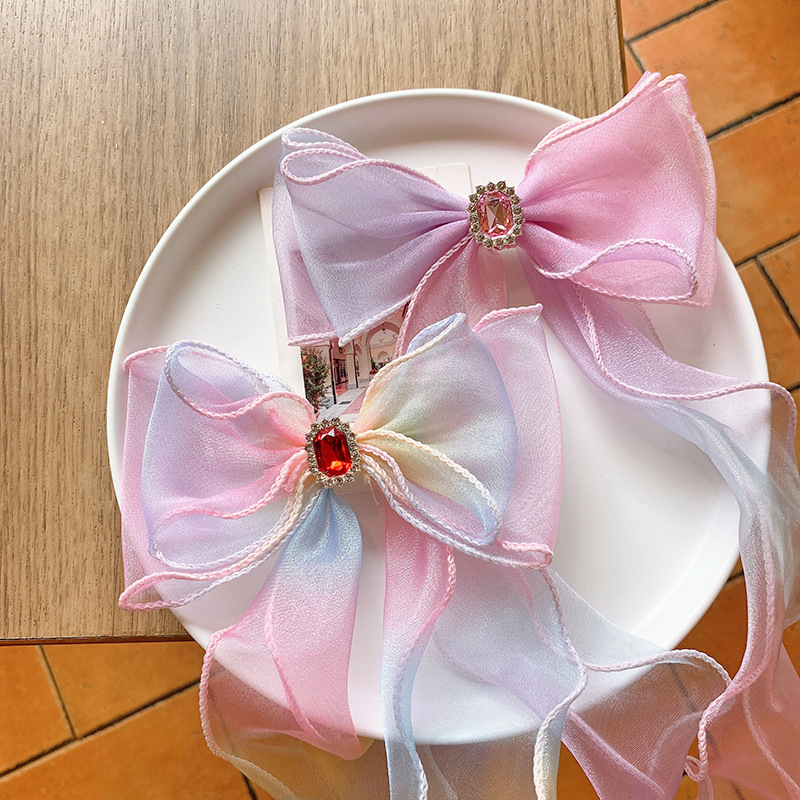 韩版儿童公主网纱蝴蝶结发夹冰雪渐变飘带头饰小女孩编发顶夹发卡