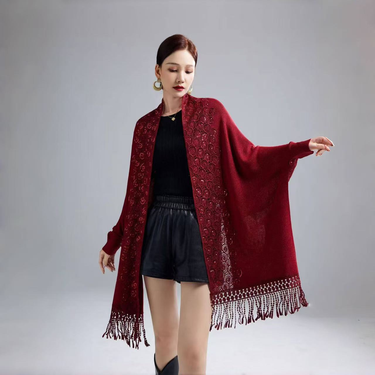 春秋高端婚礼妈妈喜婆婆旗袍披肩刺绣外搭流苏斗篷披风外套1151#