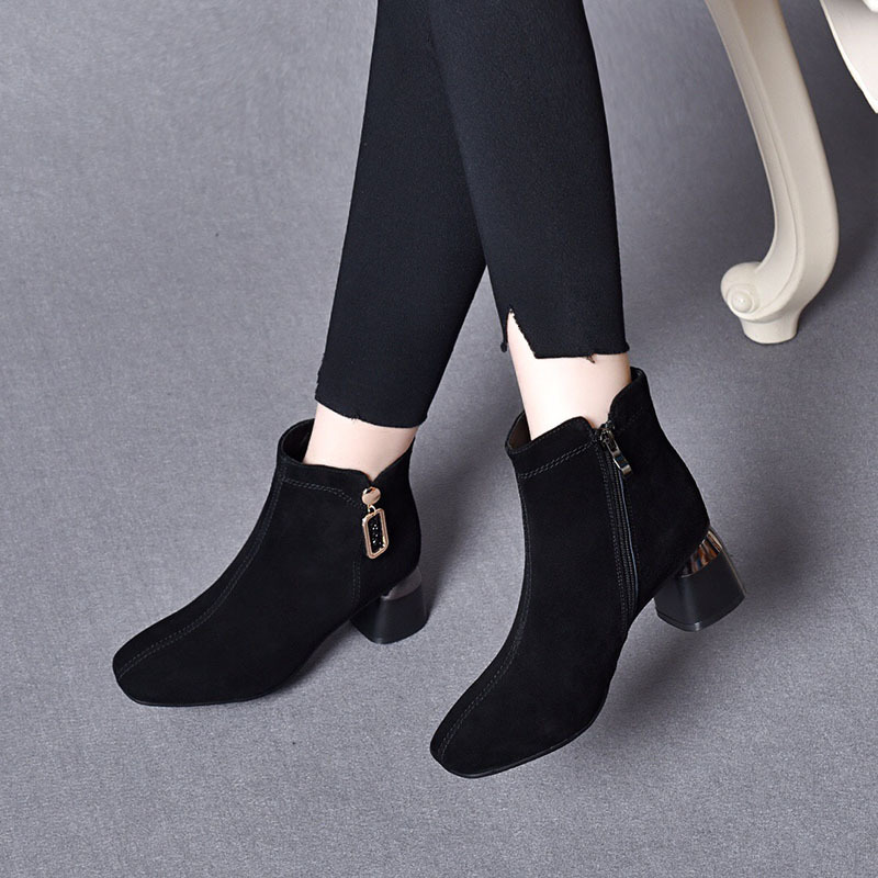 真皮磨砂短靴中跟软皮方头女皮鞋冬季加绒高跟鞋2023新款春秋单靴