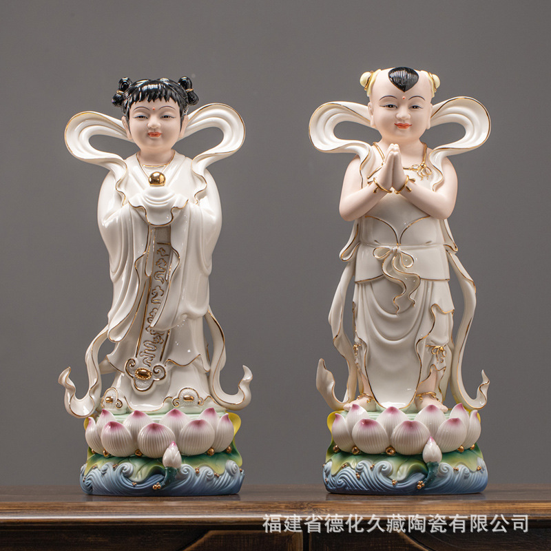 德化陶瓷善财童子龙女摆件金童玉女佛像供奉家用对童菩萨佛前侍奉