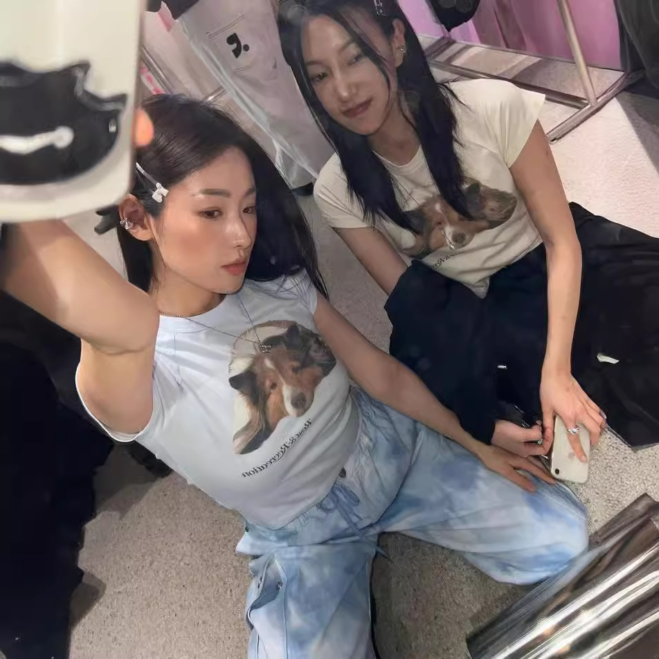 现货 韩版jennie同款rest狗狗印花原宿显瘦辣妹修身短袖t恤上衣