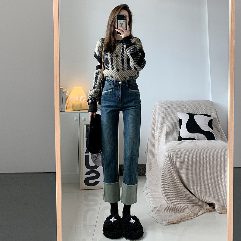 High Waist Straight Jeans for Women 2023 Spring and Autumn New Design Sense Contrast Color Flanging Loose Slim-Fit Cigarette Pants