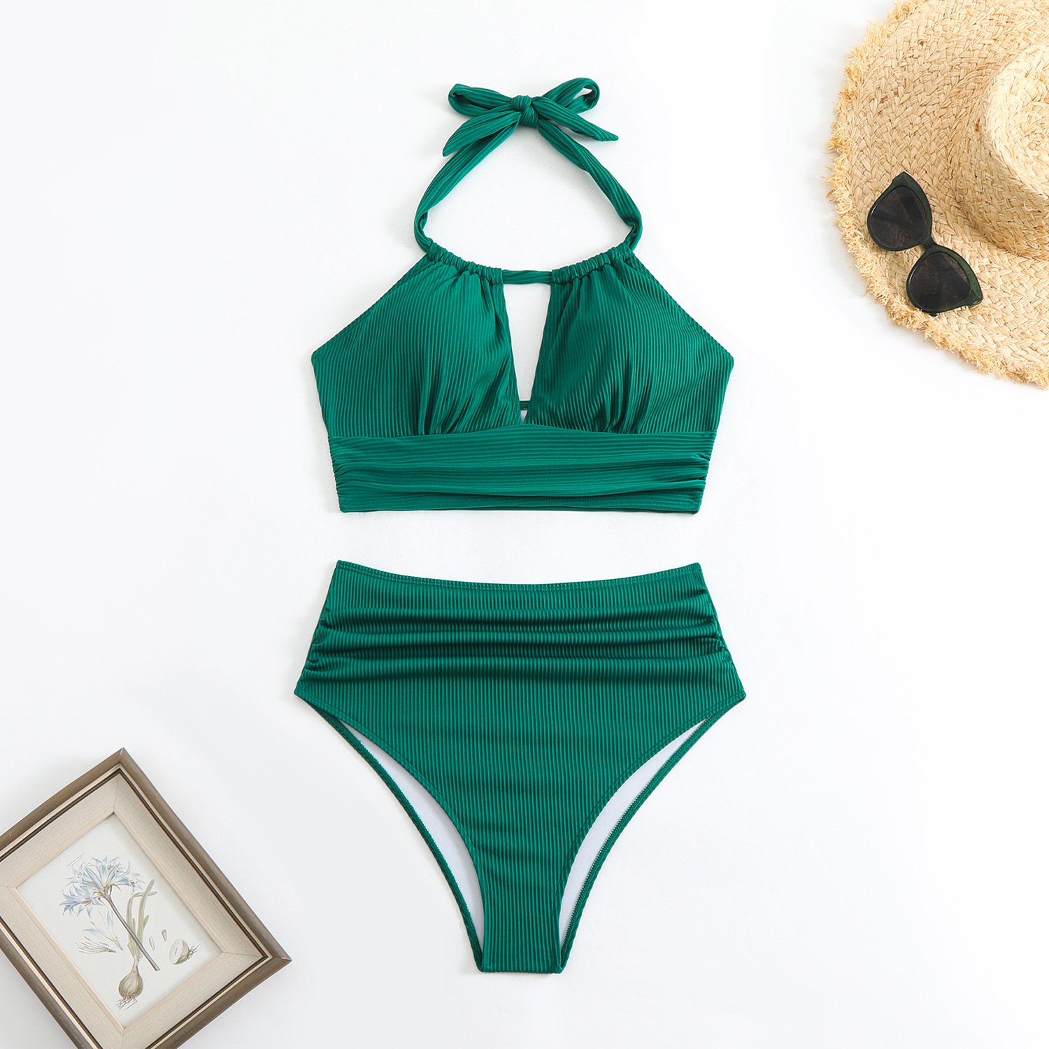 2024新款欧美比基尼套装跨境wish条纹挂脖时尚分体biniki泳衣女
