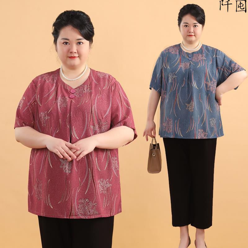 加肥特大码中老年女装夏季短袖t恤胖妈妈小衫200斤上衣胖太太套装
