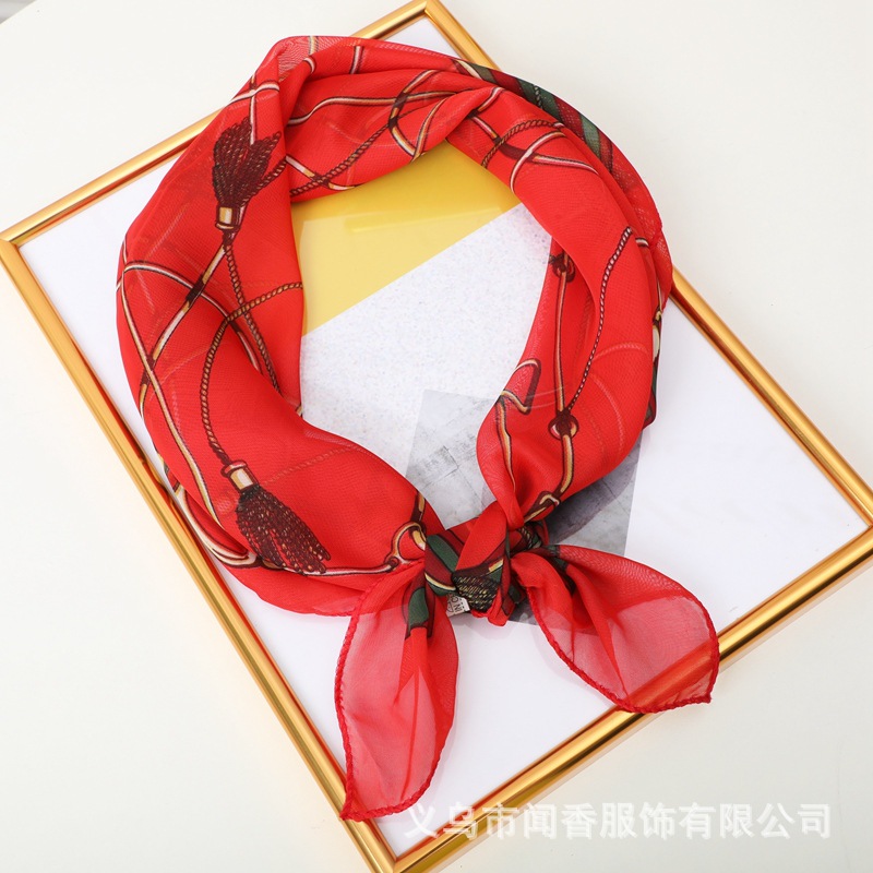 2022 New Korean Style Hot Sale 65cm Chiffon Printed Small Square Scarf Women's Casual All-Match Sunscreen Neck Protection Scarf Scarf