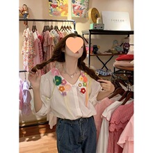 韩系减龄重工立体手工花朵娃娃领短袖衬衫女夏设计感小众宽松衬潘