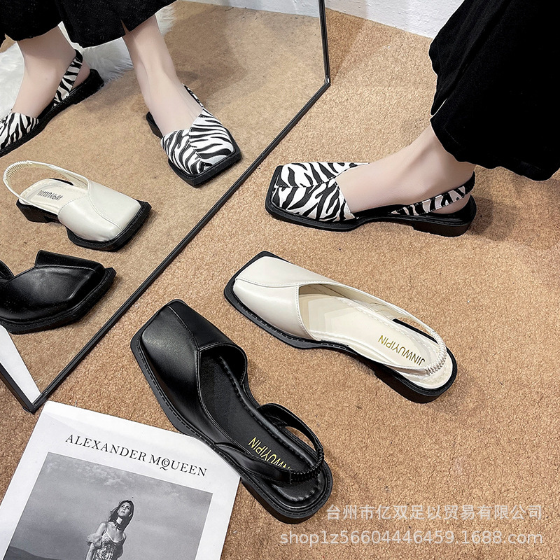 2023 summer new women‘s casual simple solid color square toe low-cut closed toe back strap fashion elastic band sandals