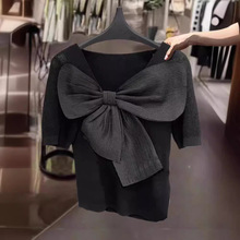 黑色蝴蝶结针织衫女2024夏季新款镂空V领显瘦设计感短袖冰丝上衣
