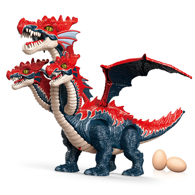 跨境电动恐龙玩具三头神龙行走下蛋恐龙头尾摆动灯光音乐男孩玩具
