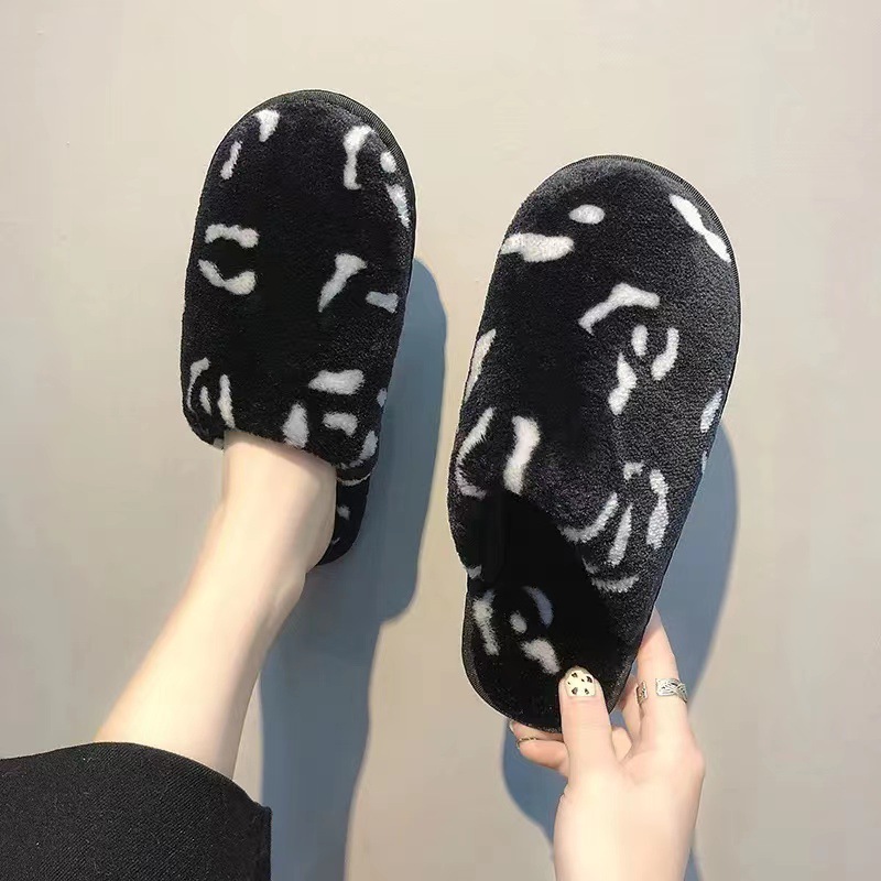 Popular Closed Toe Korean Style Leopard Print Plush Thickened Warm Fashion Home Bedroom Flat Non-Slip Autumn and Winter Cotton Slippers Female Fashion