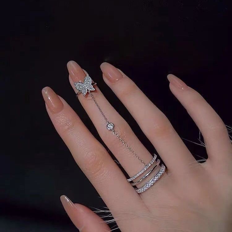 Net Red Butterfly Tassel Finger Ring Special-Interest Design Ring Super Ins Rhinestone Nail Fingertip Ring Index Finger