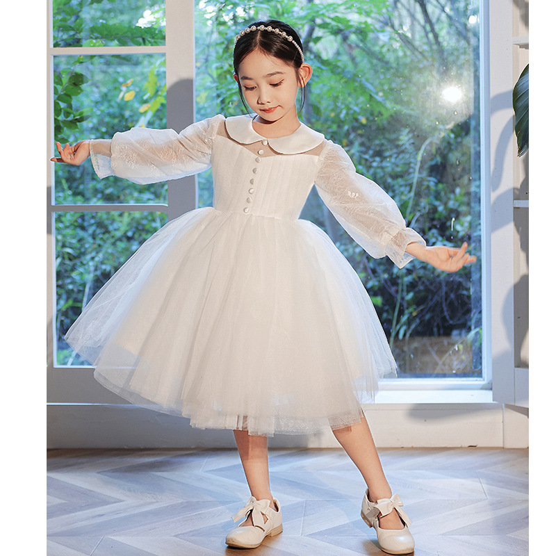 儿童礼服女春公主裙女童生日花童婚礼小女孩婚纱钢琴演奏白色春季