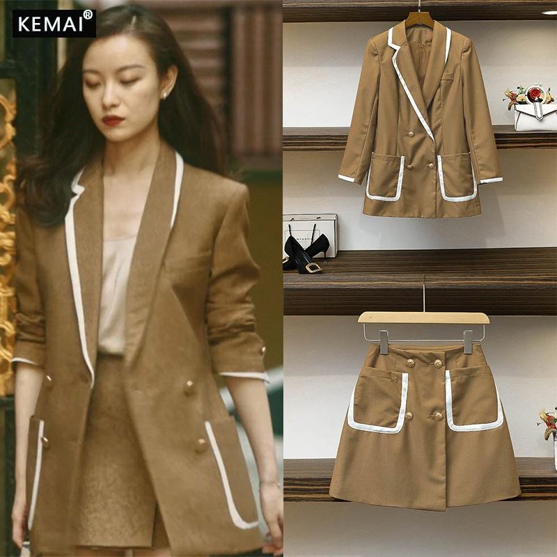 kemai柯麦流金岁月倪妮朱锁锁同款撞色修身双排扣西服小外套口袋