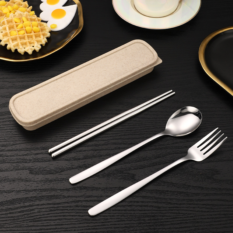 Wholesale Stainless Steel Korean Tableware Portable Student Spoon Fork Chopsticks Three-Piece Outdoor Storage Box Gift Set
