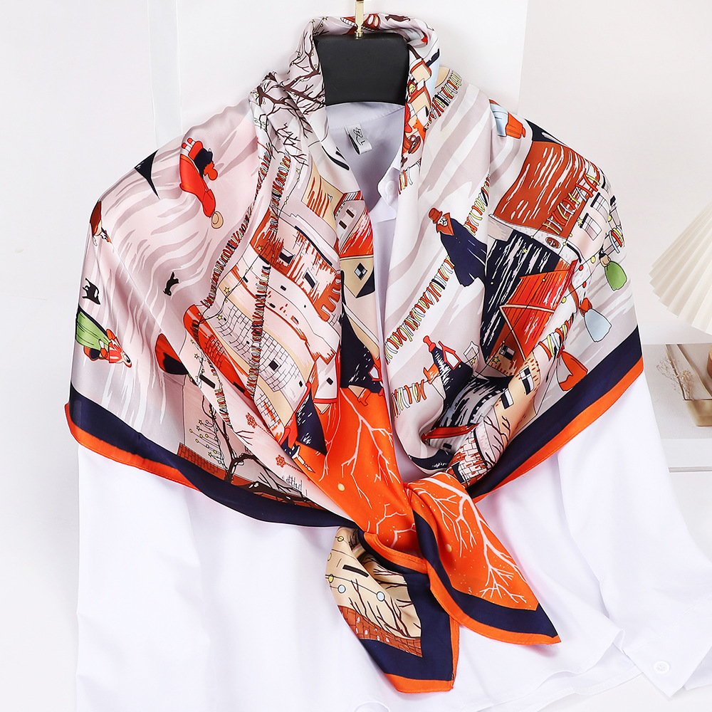 Simple Western Style European and American Large Kerchief 110cm Li Jin Satin Imitated Silk Scarves Colorblock All-Matching Autumn and Winter Bib Shawl