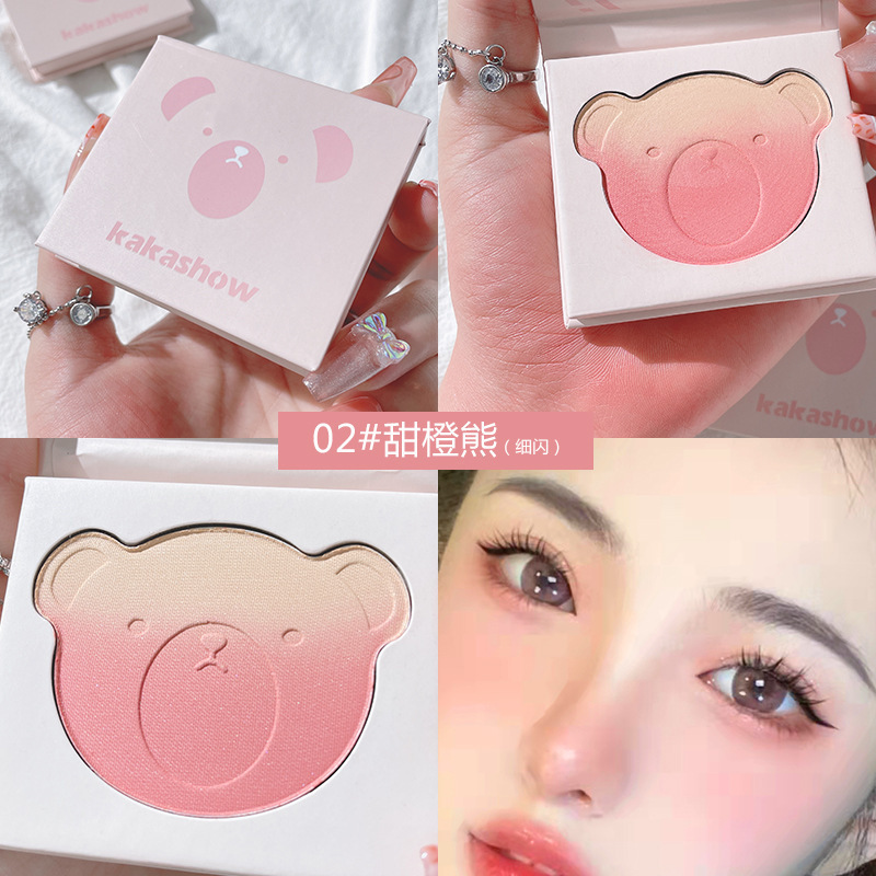 Kakashow Cute Bear Gradient Blush Contour Compact Delicate Not Easy to Fly Pink Warm Color Blush Natural Nude Makeup Blush for Women