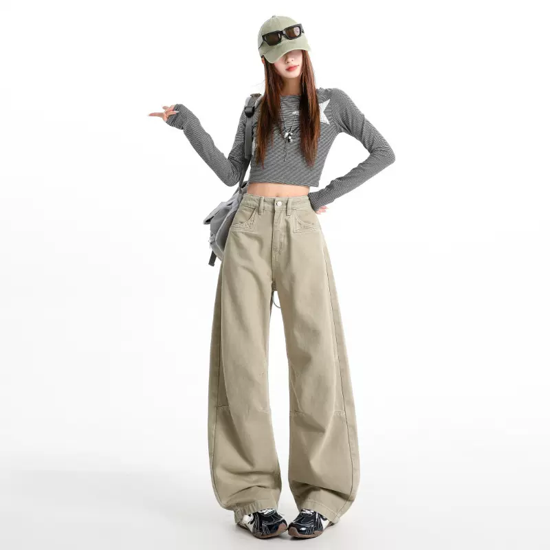 卡其色美式工装牛仔裤女2026春季新款宽松显瘦垂感慵懒弯刀阔腿裤
