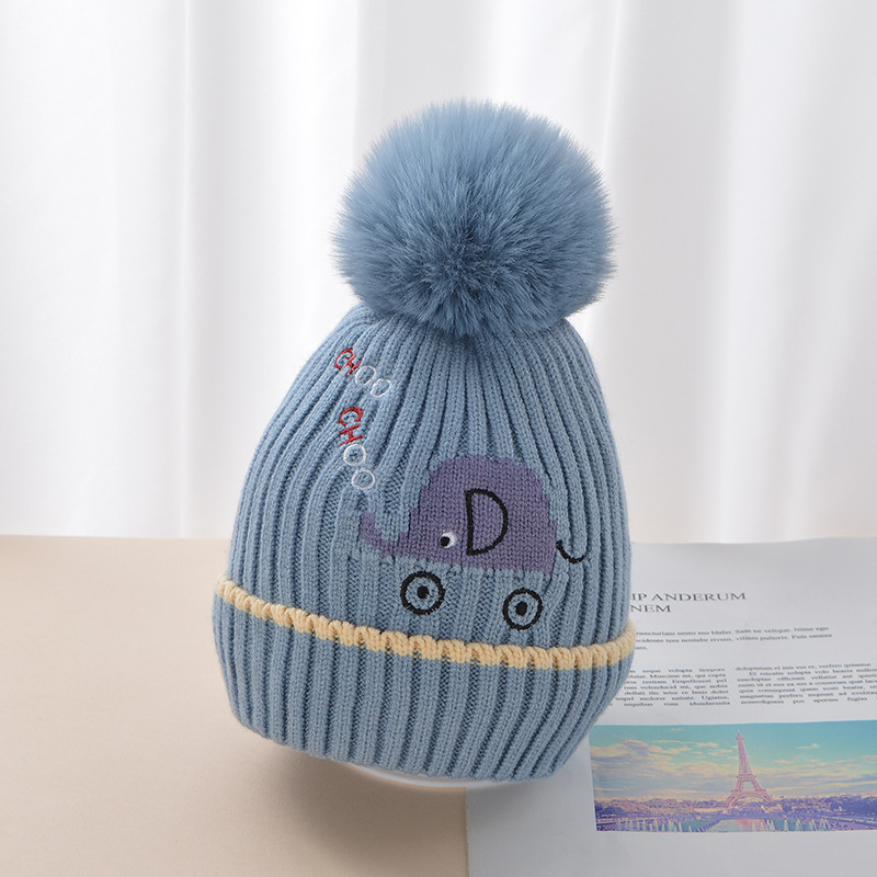 Children Bay Hat Winter Baby Elephant Woolen Cap Big Fur Ball Knitted Hat High Elasticity Small and Medium Bay Hat Cotton Lining