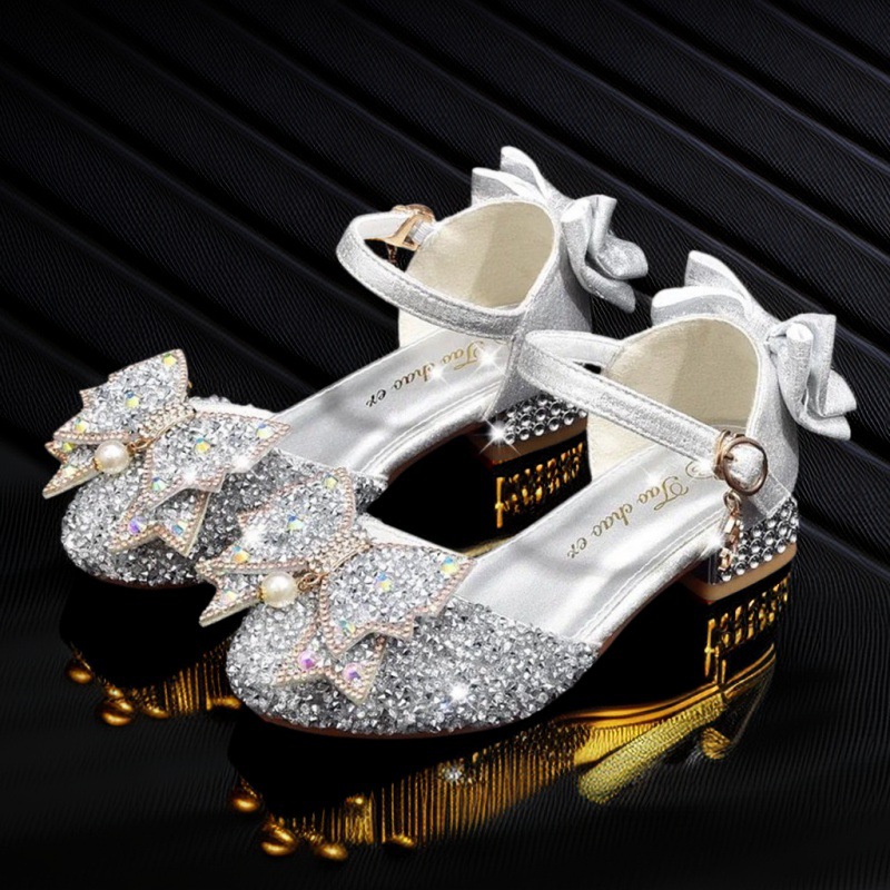女童银色新款皮鞋4到12岁礼服公主演出水晶鞋女童软底表演高跟鞋