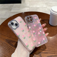 ins贝壳纹碎花郁金香适用iphone15pro手机壳苹果14全包13保护套女