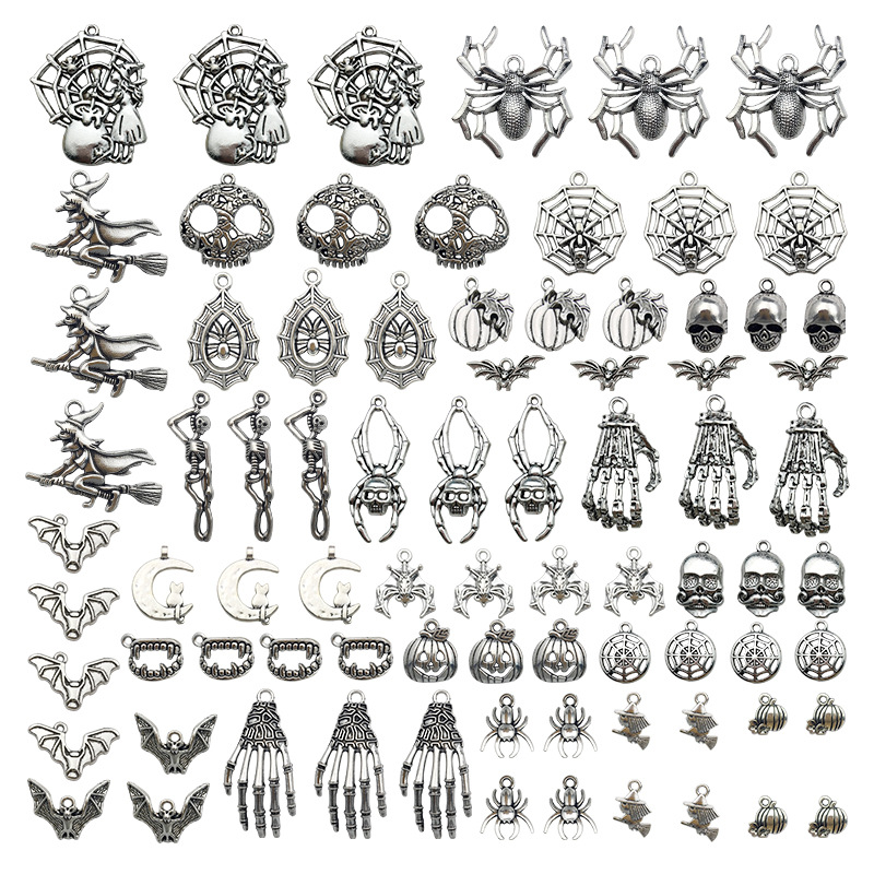80 Pcs/pack Halloween Accessories Pumpkin Skull Bat Hand Claw Witch Pendant Chain Necklace DIY Earring Ornament