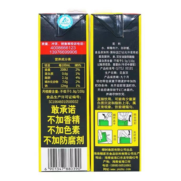 椰树椰汁正宗椰树牌椰子汁饮料1l*12盒/箱植物蛋白椰奶海南特产