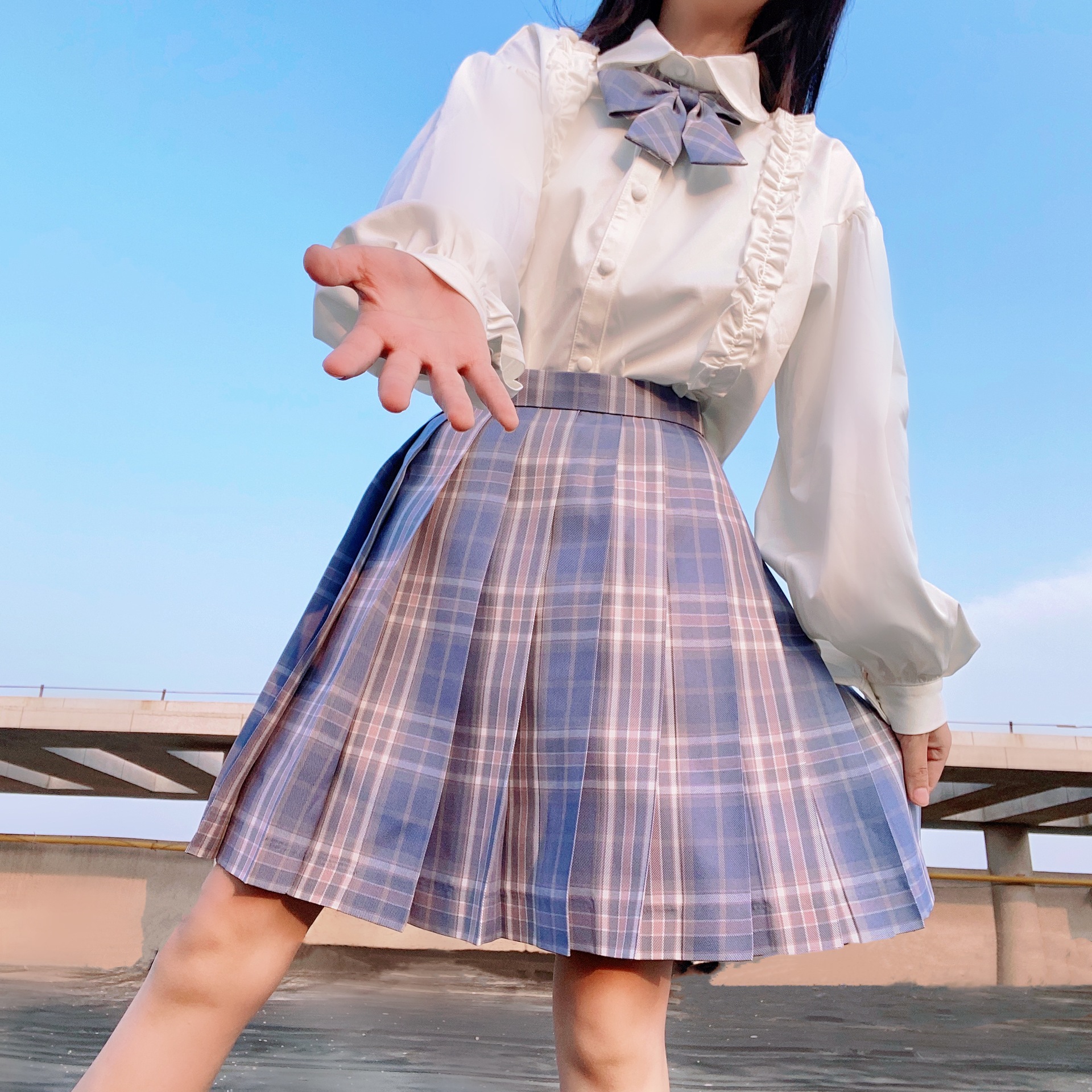 长袖 紫烟格裙jk制服套装学院风lolita内搭花边衬衫灯笼春秋女