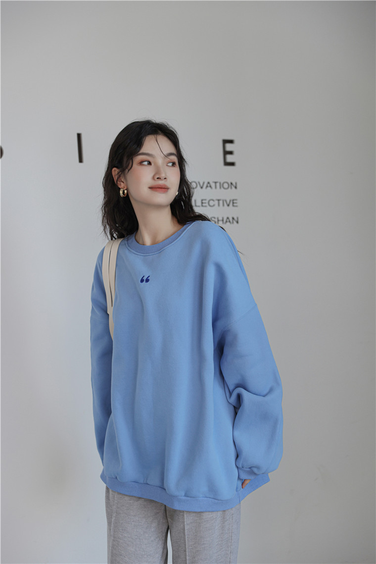 宽松盐系刺绣圆领中长款加绒卫衣女长袖2021冬装男友风简约上衣潮