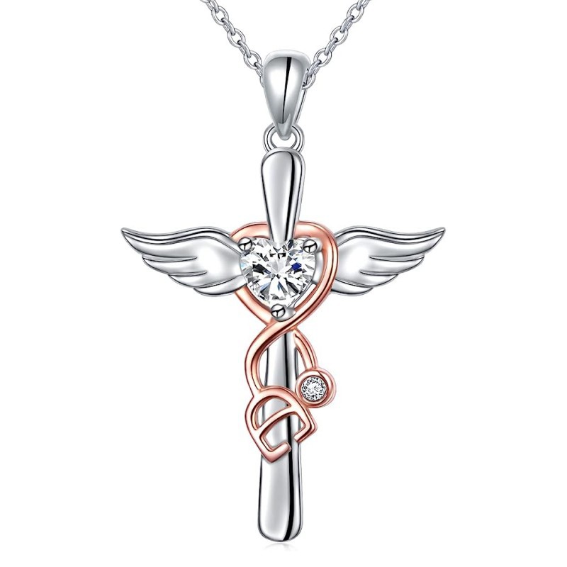 铭菲 跨境新款欧美天使翅膀十字架听诊器吊坠项链送护士医生饰品