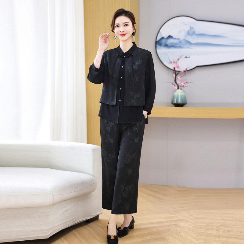 中式国风唐装真丝提花上衣裤子两件套复古盘扣流苏薄款大码套装女