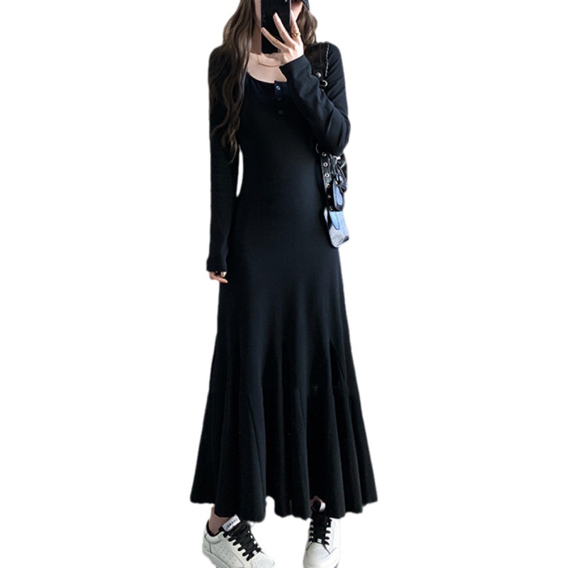 Lost Autumn Hong Kong Style Women's Black Elegant Bottoming Dress 2023 Autumn and Winter New Slimming High Fishtail Dress