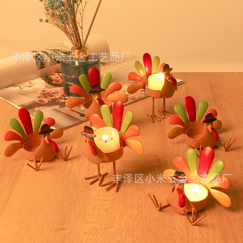 Cross-Border Amazon Metal Color Turkey Tea Light Candlestick Thanksgiving Candlestick Standing Sitting Family Dining-Table Decoration