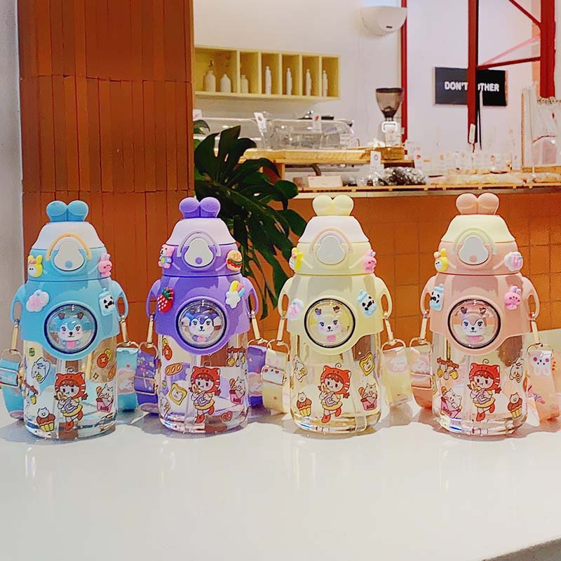 new 2025 children‘s cute plastic water cup silicone rabbit good-looking straw water cup strap outdoor portable