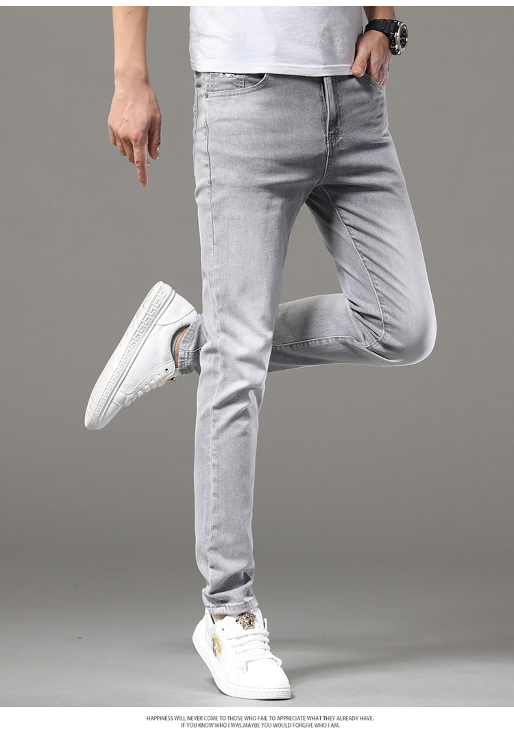 高端品质潮牌男装牛仔裤男士韩版修身弹力大牌鹰标浅灰色休闲长裤