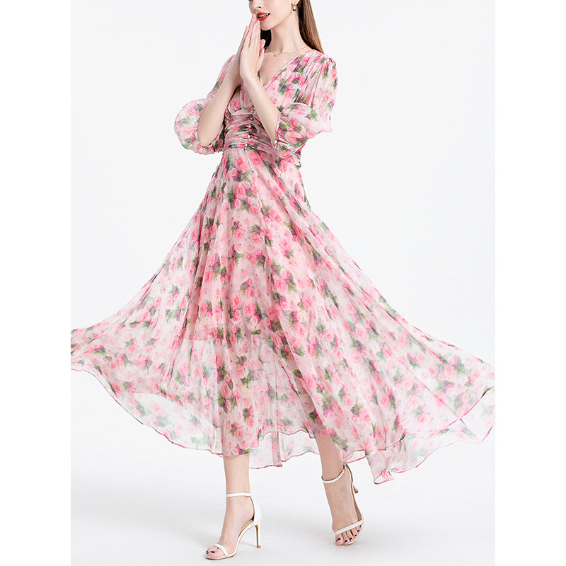 Silk Printed Dress Summer 2024 New Slimming Gentle French Style Floral Skirt Slimming Youthful-Looking Tea Break Skirt