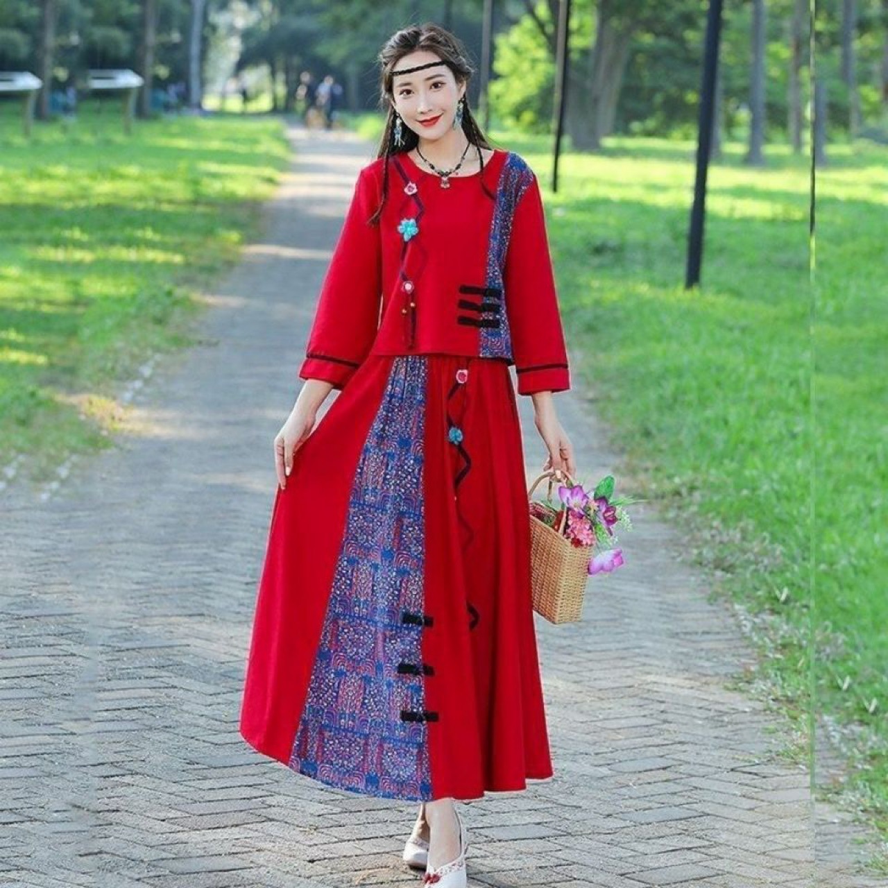 新款女裙两件套民族风女款套装网纱棉麻拼布半身裙旅游大码裙子