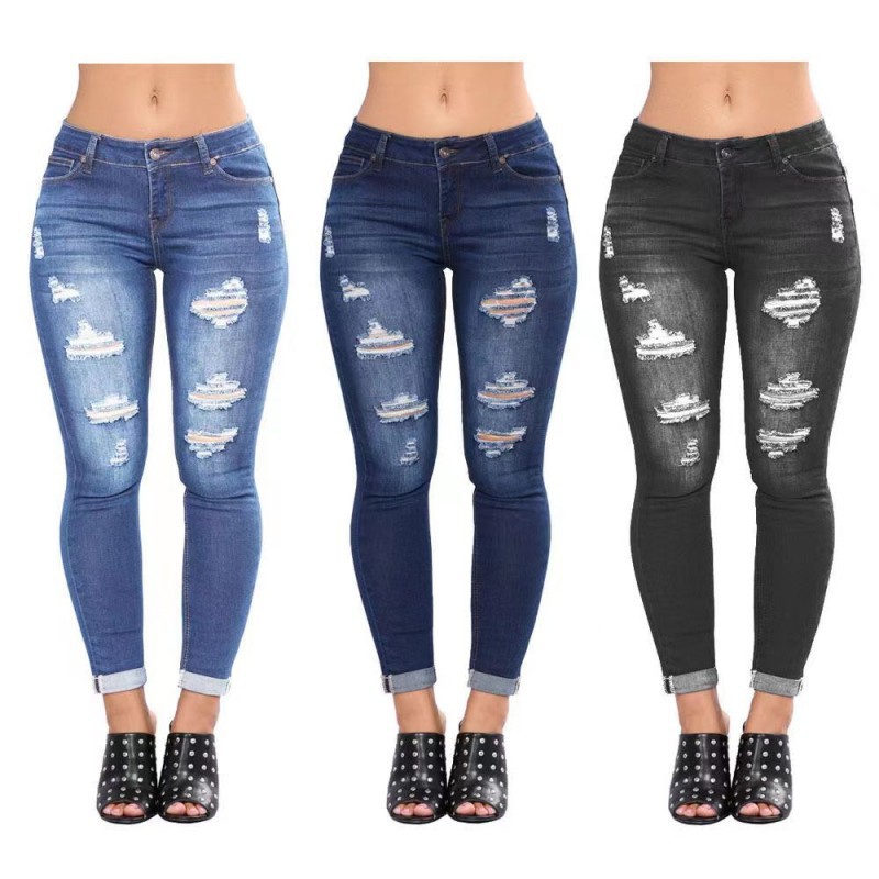 Cross-Border European and American Style Jeans Wish Hip Raise Skinny Jeans Women's Ripped Ankle-Tied Foreign Trade Amazon Exclusive Denim