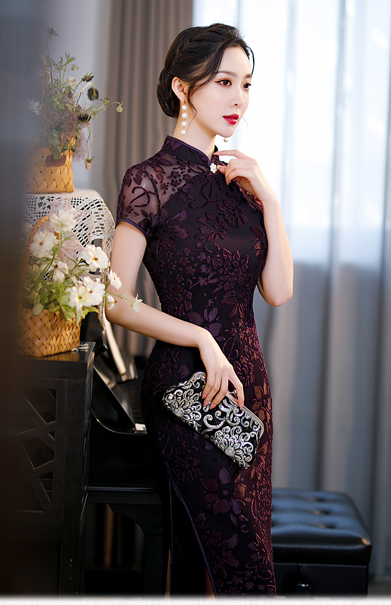 2020秋冬新款植绒长款旗袍中袖复古中国风改良旗袍时尚丝绒旗袍裙