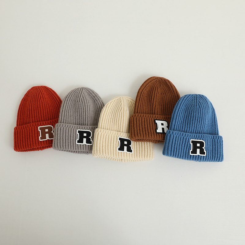 2023 Children's Knitted Hat Korean Style Letter R Patch Western Style Hat Autumn and Winter Warm Boys and Girls Solid Color Woolen Hat