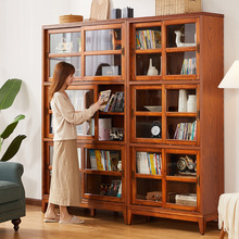 美式实木书柜带门带玻璃门置物柜一体靠墙客厅储物柜落地推拉书架