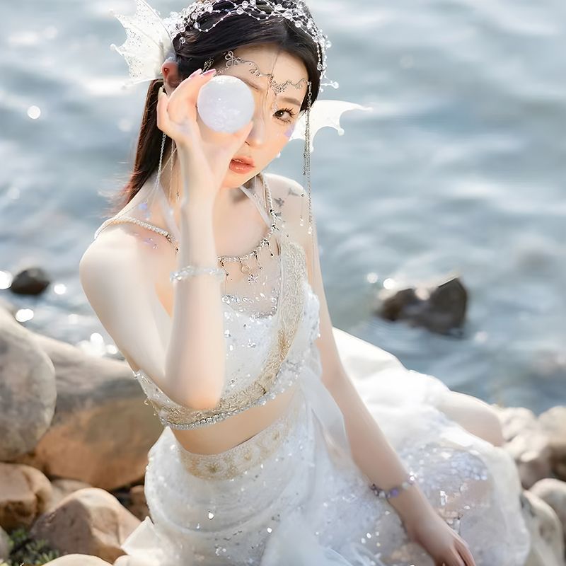 白色人鱼公主服装新款人鱼姬服饰西双版纳写真旅拍拍照装-阿里巴巴