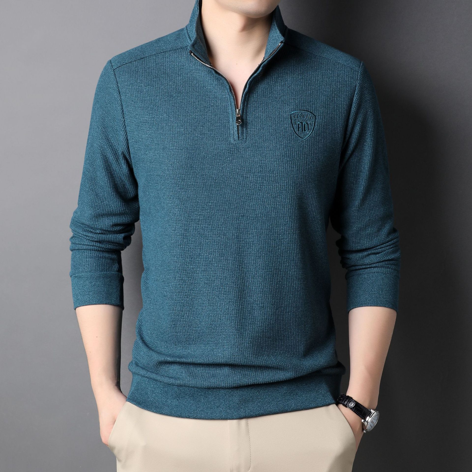 立领t恤男长袖2021新款中年秋装上衣春秋款带拉链半高领中领棉丅